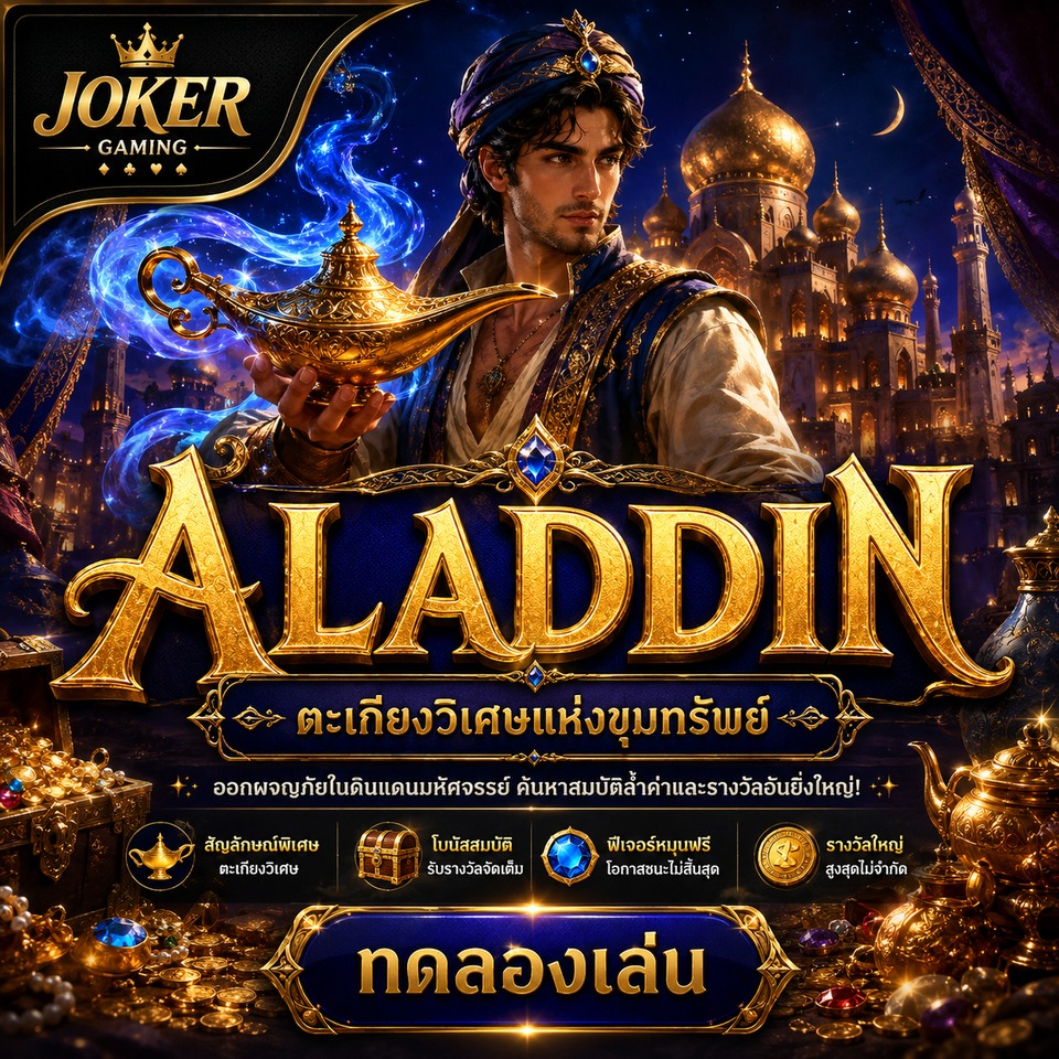 ภาพเกมสล็อต Aladdin ธีมตะเกียงวิเศษ พระราชวังทะเลทราย ควันเวทมนตร์ อัญมณี และสมบัติทอง