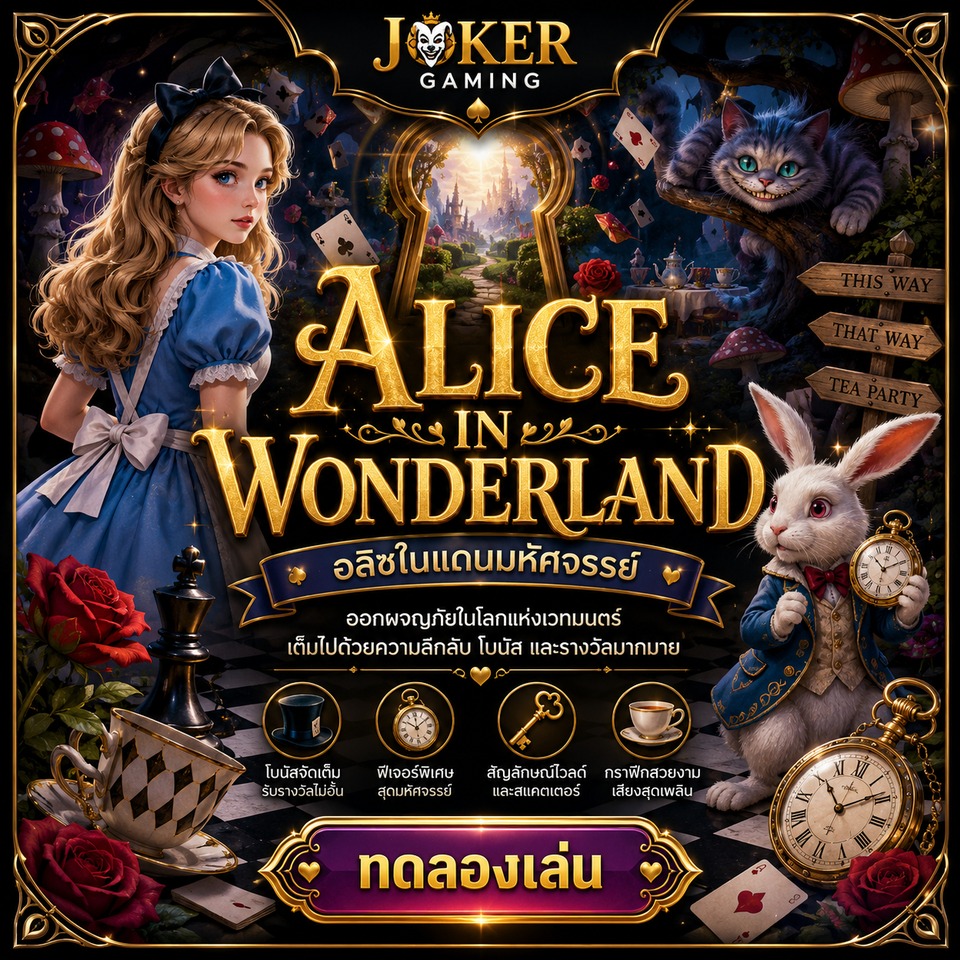 ภาพเกมสล็อต Alice In Wonderland ธีมอลิซในแดนมหัศจรรย์ กระต่าย แมวยิ้ม นาฬิกา ไพ่ และสวนแฟนตาซี