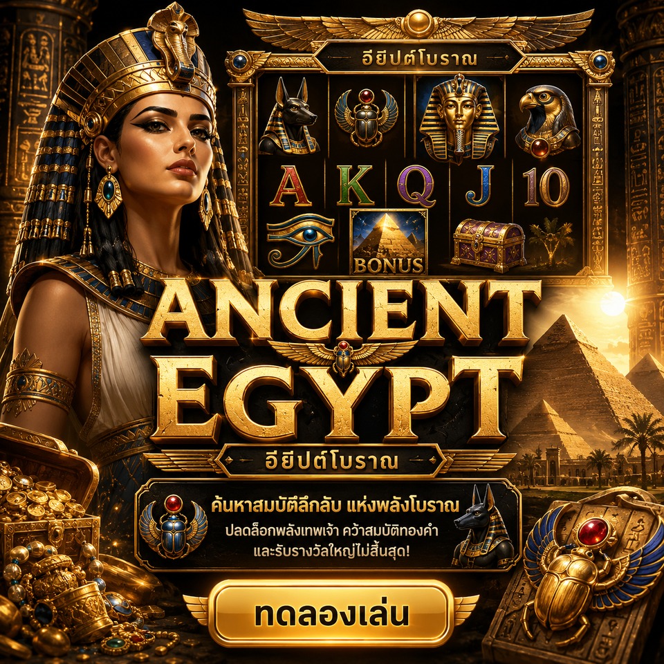 ภาพเกมสล็อต Ancient Egypt ธีมอียิปต์โบราณ ราชินีอียิปต์ พีระมิด แมลงสคารับ เทพอนูบิส และสมบัติทอง