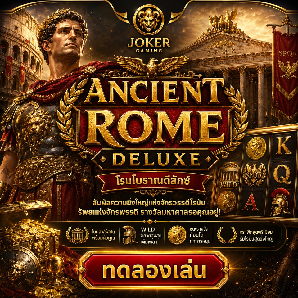 ภาพเกมสล็อต Ancient Rome Deluxe ธีมโรมโบราณ นักรบ วิหาร มงกุฎลอเรล เหรียญทอง และสัญลักษณ์ SPQR