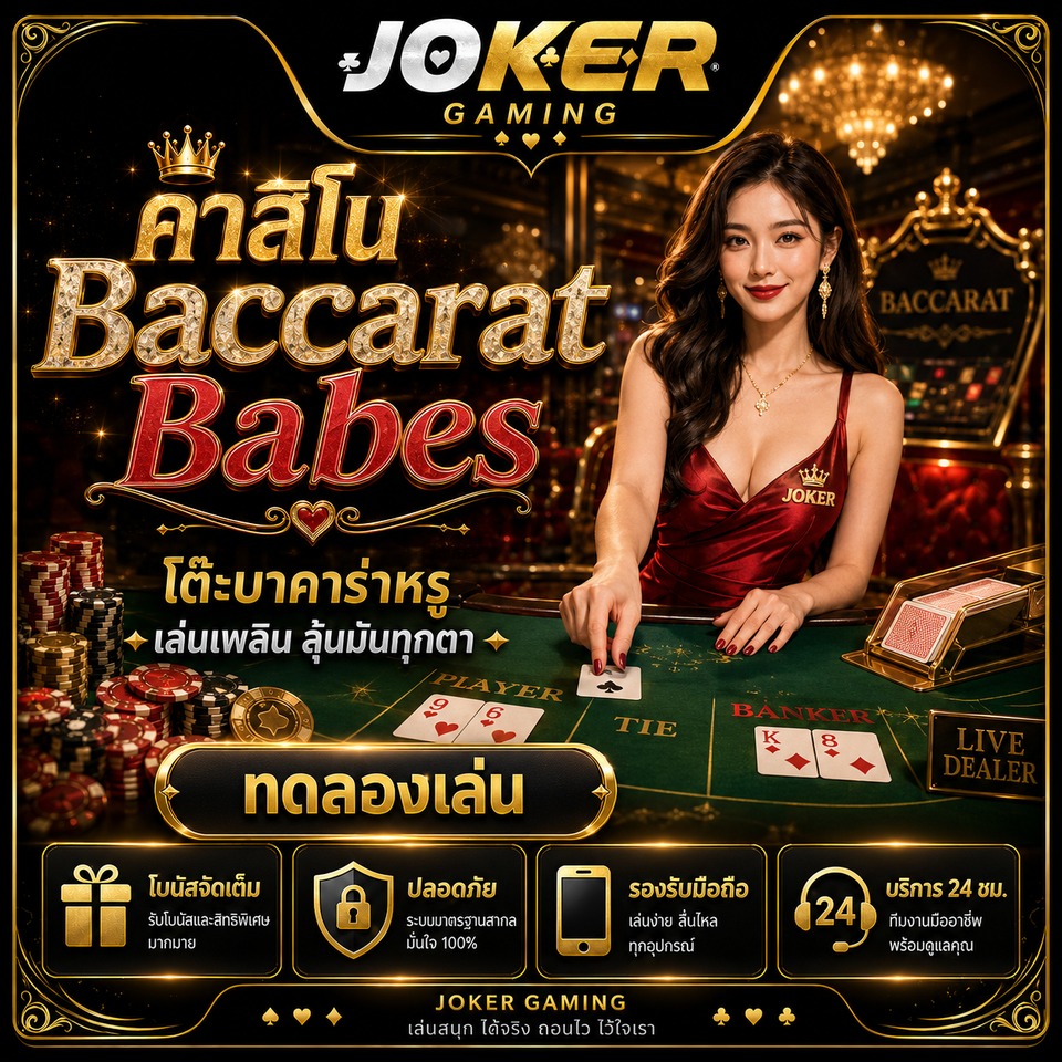 ภาพเกม Baccarat Babes ธีมบาคาร่า โต๊ะคาสิโน ดีลเลอร์ ไพ่ Player Banker Tie ชิป และแสงสีทอง