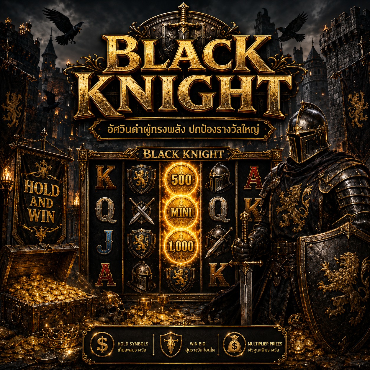 ภาพเกมสล็อต Black Knight ธีมอัศวินดำ ปราสาทยุคกลาง ดาบ โล่ และสัญลักษณ์สล็อตแนวแฟนตาซี