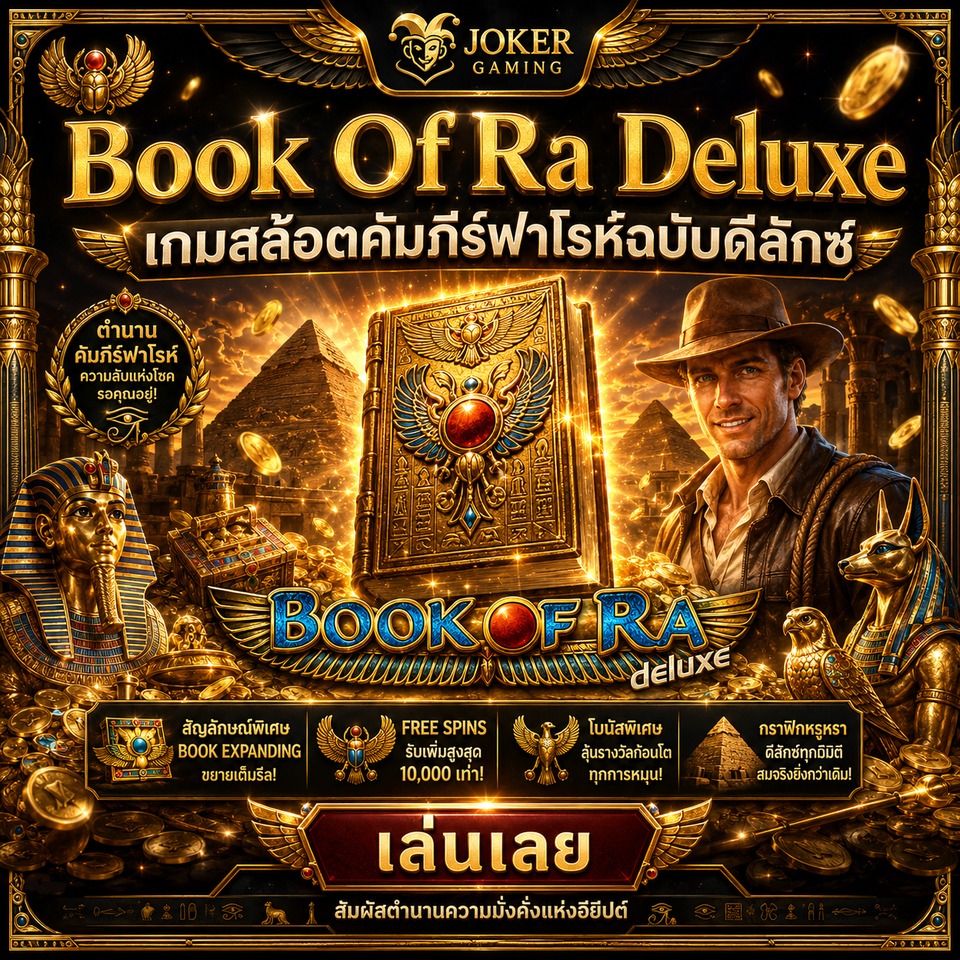 ภาพเกมสล็อต Book Of Ra Deluxe ธีมคัมภีร์ฟาโรห์ดีลักซ์ คัมภีร์ทอง พีระมิด อนูบิส ฟาโรห์ และสมบัติอียิปต์