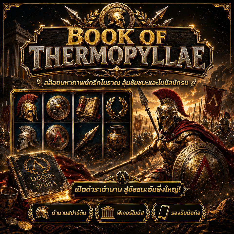 ภาพเกมสล็อต Book Of Thermopylae ธีมนักรบสปาร์ตัน ตำราตำนานกรีก โล่ หอก และสัญลักษณ์สล็อตโบราณ