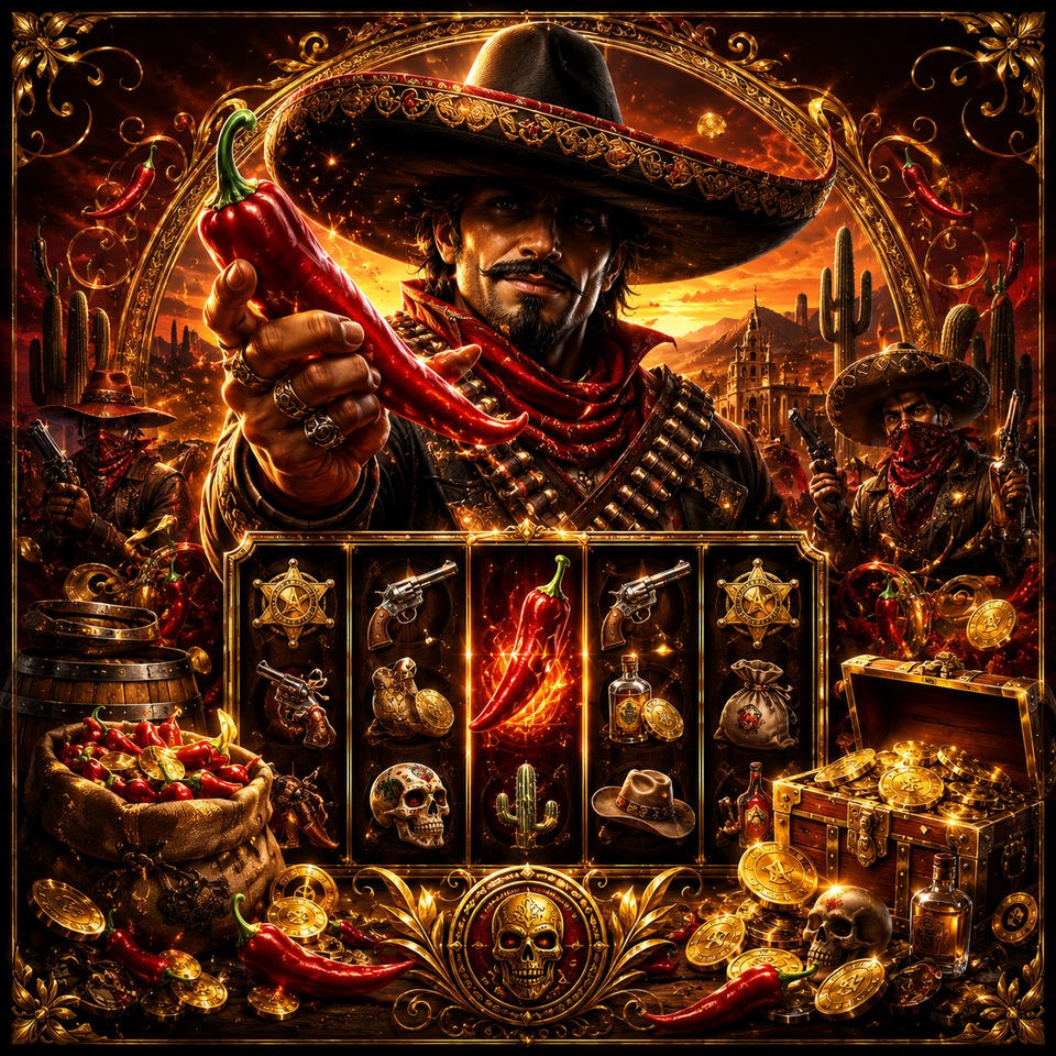 ภาพเกมสล็อต Chilli Hunter Bandidos ธีมโจรคาวบอยเม็กซิกัน พริกแดง เหรียญทอง และสัญลักษณ์สล็อตแนวตะวันตก