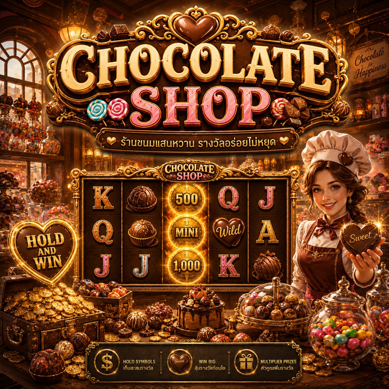 ภาพเกมสล็อต Chocolate Shop ธีมร้านขนมหวาน ช็อกโกแลต ลูกกวาด และสัญลักษณ์สล็อตโทนอบอุ่น