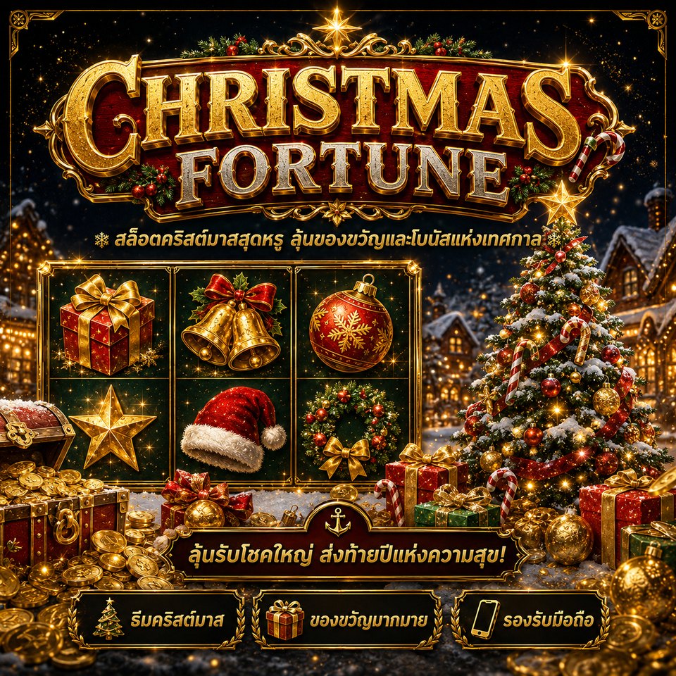 ภาพเกมสล็อต Christmas Fortune ธีมคริสต์มาส ต้นไม้ ของขวัญ ระฆัง หิมะ และสัญลักษณ์สล็อตเทศกาล