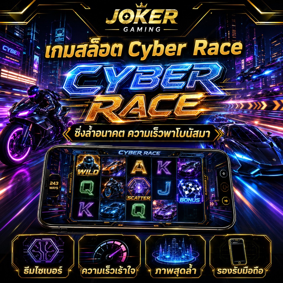 ภาพเกมสล็อต Cyber Race ธีมแข่งรถไซเบอร์ เมืองนีออน รถสปอร์ต มอเตอร์ไซค์ และรีลสล็อตอนาคต