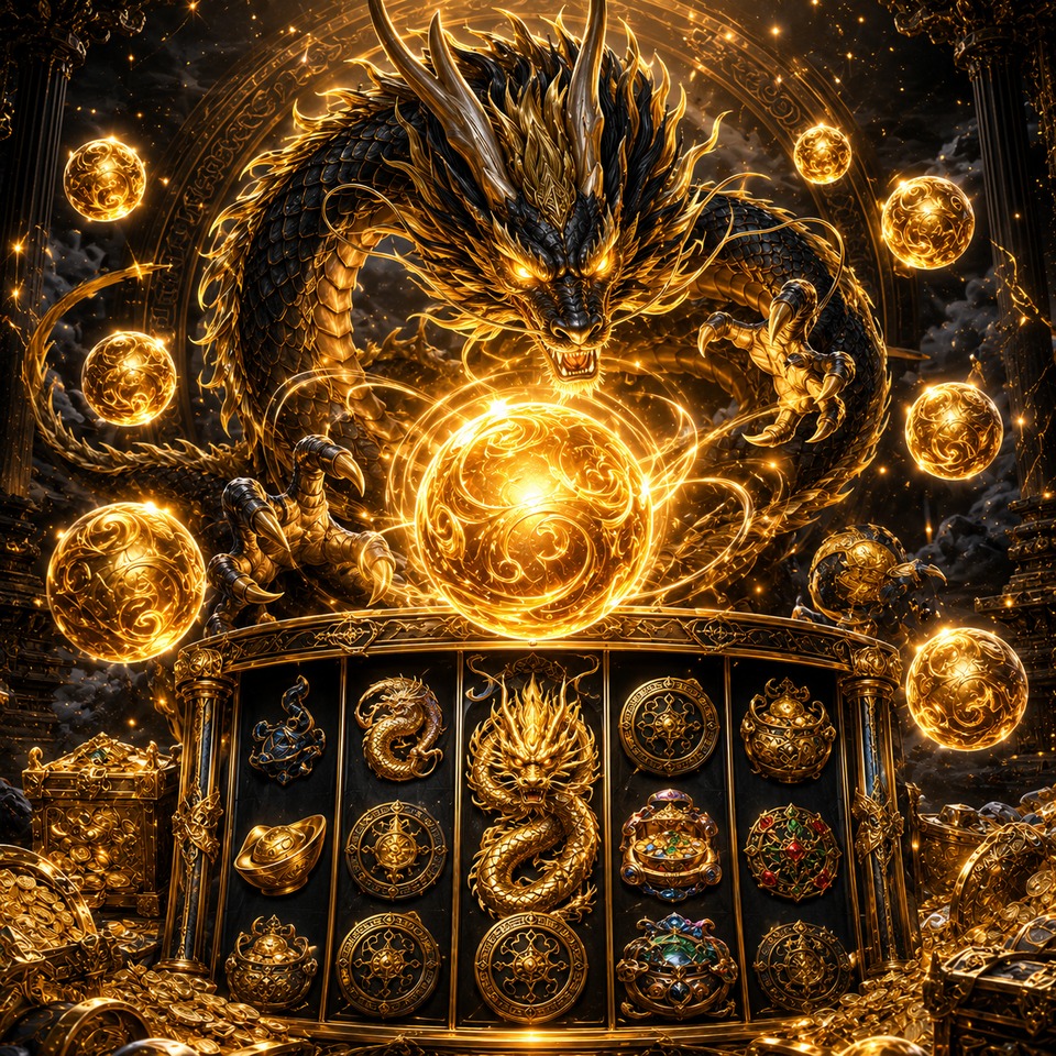 ภาพเกมสล็อต Dragon Ball ธีมมังกรแฟนตาซี ลูกแก้วพลัง สมบัติสีทอง และสัญลักษณ์สล็อตเอเชีย
