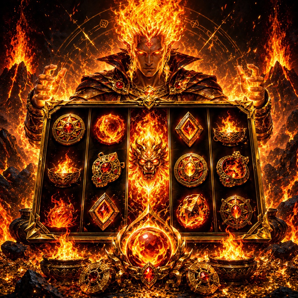 ภาพเกมสล็อต Fire Master Hold And Win ธีมจอมเวทไฟ เปลวเพลิง อัญมณีลาวา และสัญลักษณ์สล็อตแฟนตาซี
