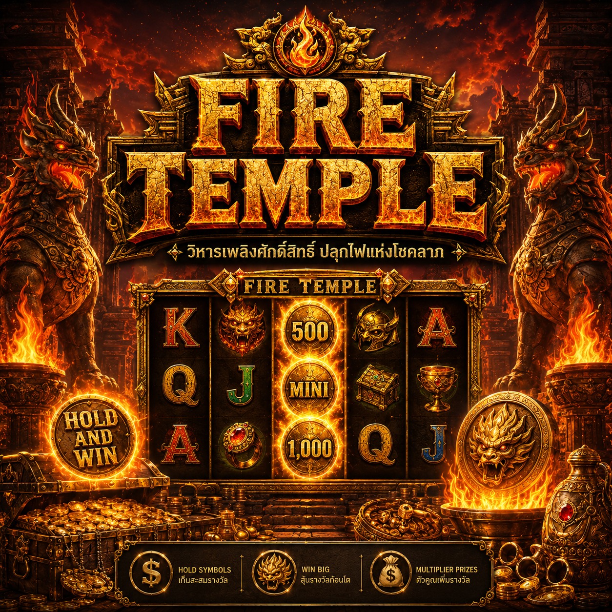 ภาพเกมสล็อต Fire Temple ธีมวิหารเพลิง เปลวไฟ ลาวา สมบัติโบราณ และสัญลักษณ์สล็อตแนวศักดิ์สิทธิ์