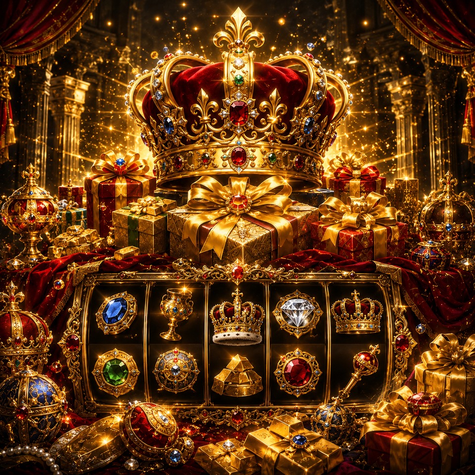 ภาพเกมสล็อต Fortune Crown Gold Gift ธีมมงกุฎทอง ของขวัญ อัญมณี พระราชวัง และสัญลักษณ์สล็อตหรูหรา