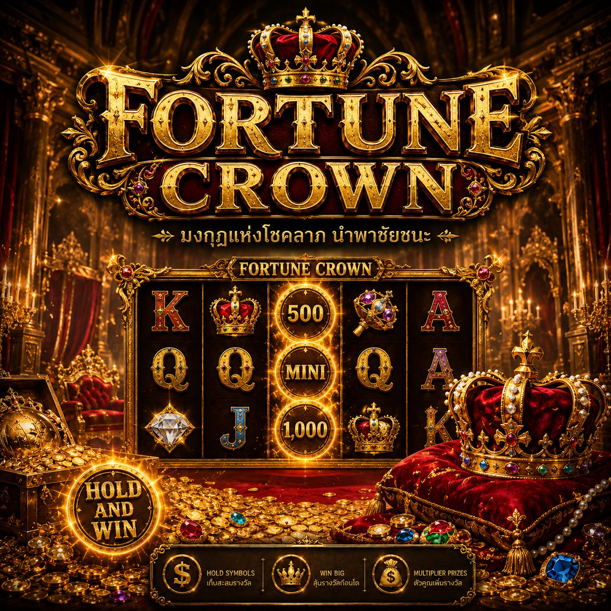 ภาพเกมสล็อต Fortune Crown ธีมมงกุฎทอง อัญมณี เหรียญทอง และสัญลักษณ์สล็อตแนวราชวงศ์