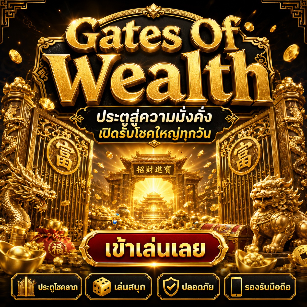 ภาพเกมสล็อต Gates Of Wealth ธีมประตูทอง มังกร สิงโตคู่ เหรียญทอง และสมบัติจีนมงคล
