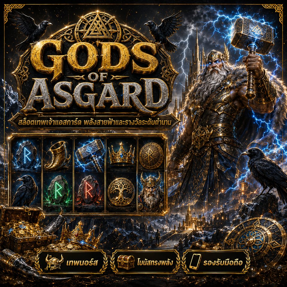 ภาพเกมสล็อต Gods Of Asgard ธีมเทพนอร์ส สายฟ้า ค้อน รูน กา และสัญลักษณ์สล็อตแฟนตาซี