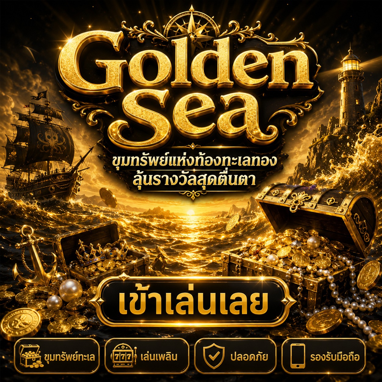 ภาพเกมสล็อต Golden Sea ธีมทะเลทอง เรือโจรสลัด ประภาคาร หีบสมบัติ ไข่มุก และเหรียญทอง