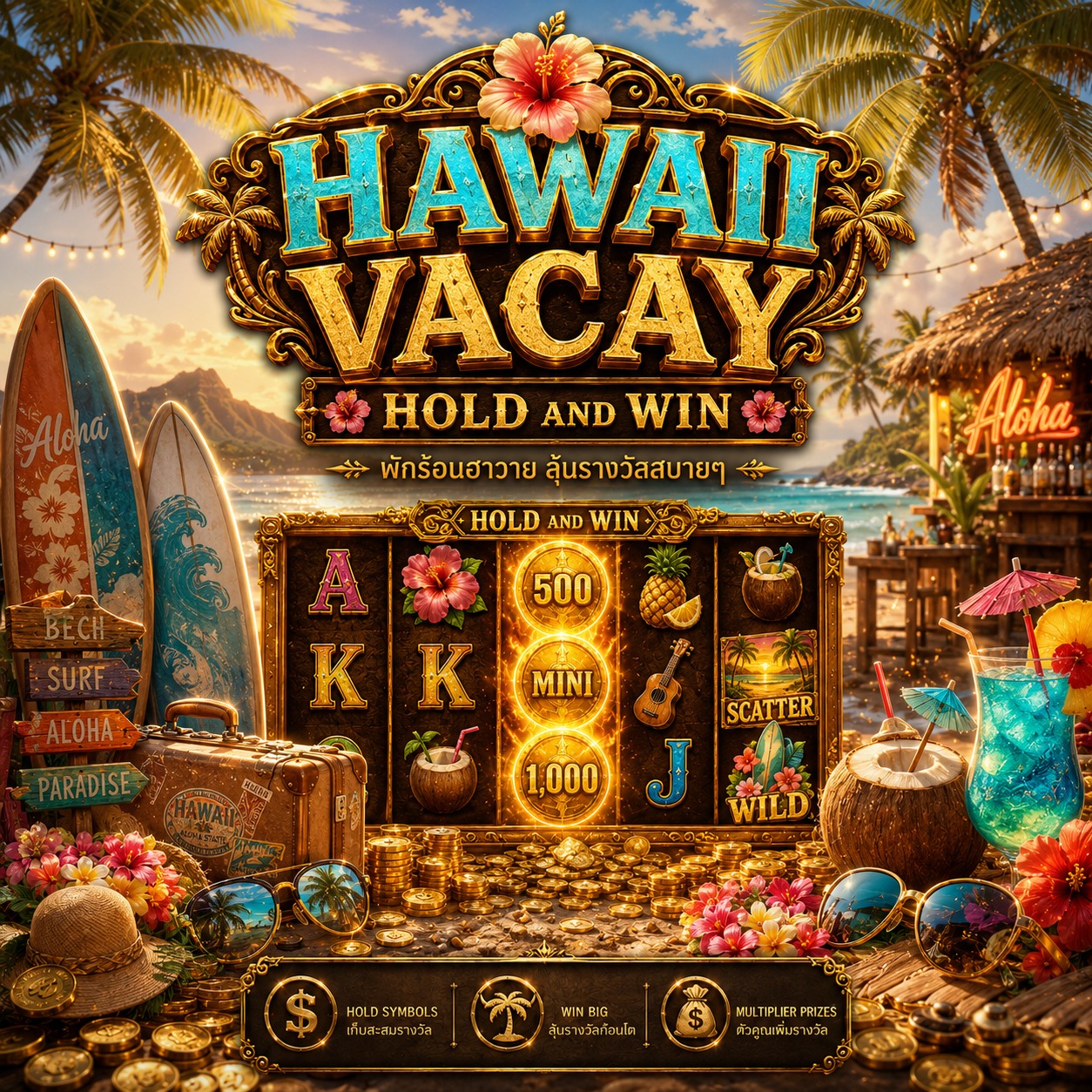 ภาพเกมสล็อต Hawaii Vacay ธีมทริปฮาวาย ทะเล ดอกไม้ แดดอุ่น และสัญลักษณ์สล็อตแนวพักผ่อน