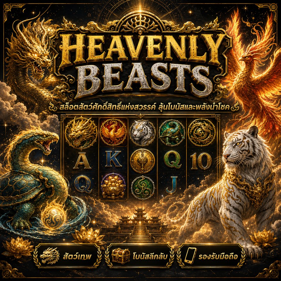 ภาพเกมสล็อต Heavenly Beasts ธีมสัตว์ศักดิ์สิทธิ์ มังกร หงส์ เสือขาว เต่ามังกร และสัญลักษณ์สล็อตแฟนตาซี