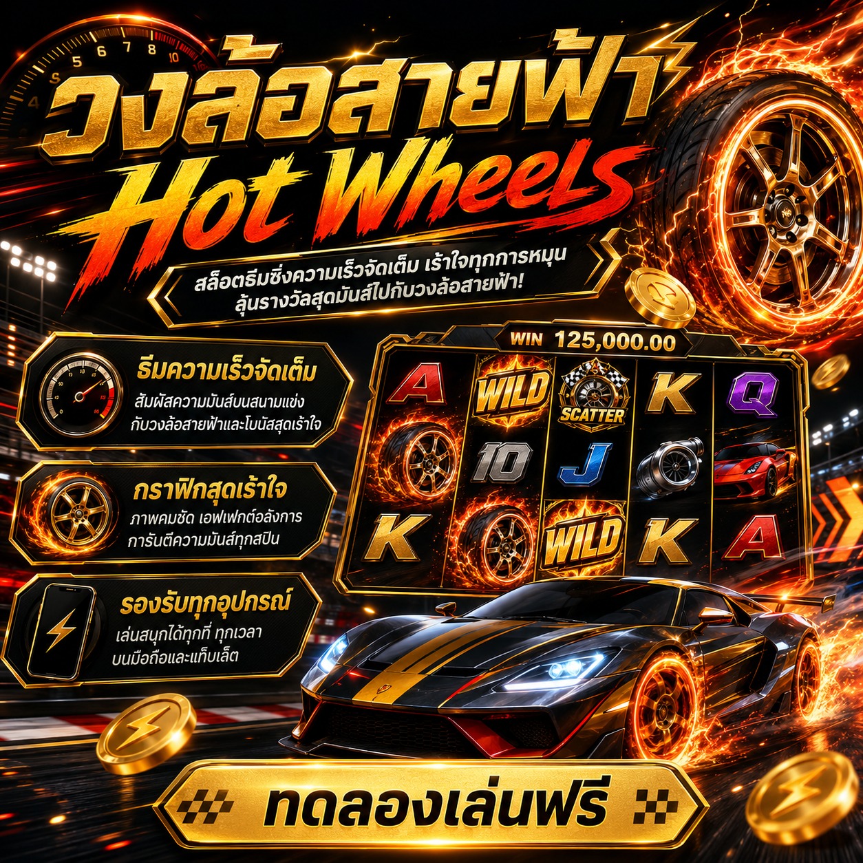 ภาพเกมสล็อต Hot Wheels ธีมรถแข่ง ล้อหมุน สายฟ้า และสัญลักษณ์เกมสล็อตโทนพลังงานสูง