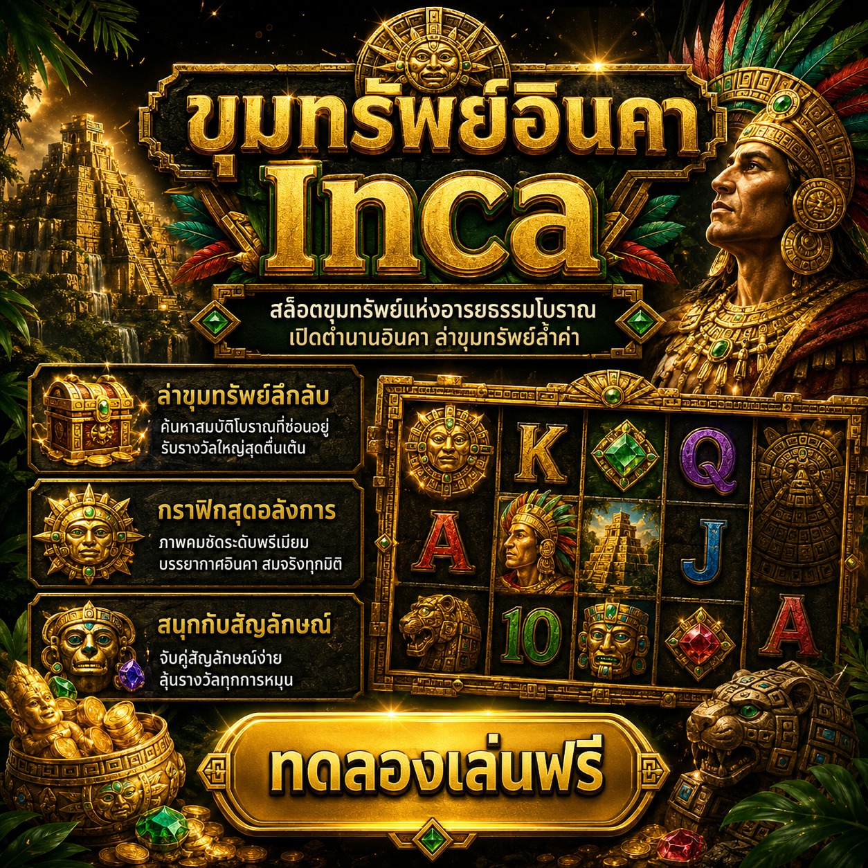 ภาพเกมสล็อต Inca ธีมอารยธรรมอินคา วิหารหิน ขุมทรัพย์ทองคำ และสัญลักษณ์รีลโบราณ