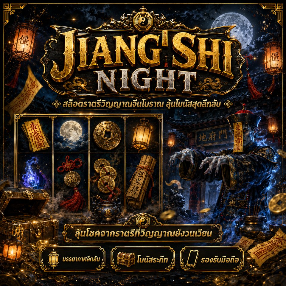 ภาพเกมสล็อต Jiang Shi Night ธีมวิญญาณจีนโบราณ ยันต์ โคมไฟ พระจันทร์ และสัญลักษณ์สล็อตลึกลับ