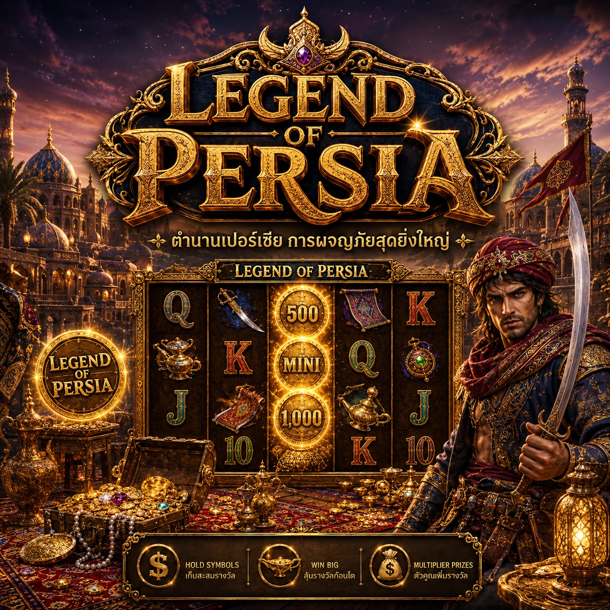 ภาพเกมสล็อต Legend Of Persia ธีมเปอร์เซีย พระราชวังทะเลทราย อัญมณี และสัญลักษณ์สล็อตแนวตะวันออกกลาง