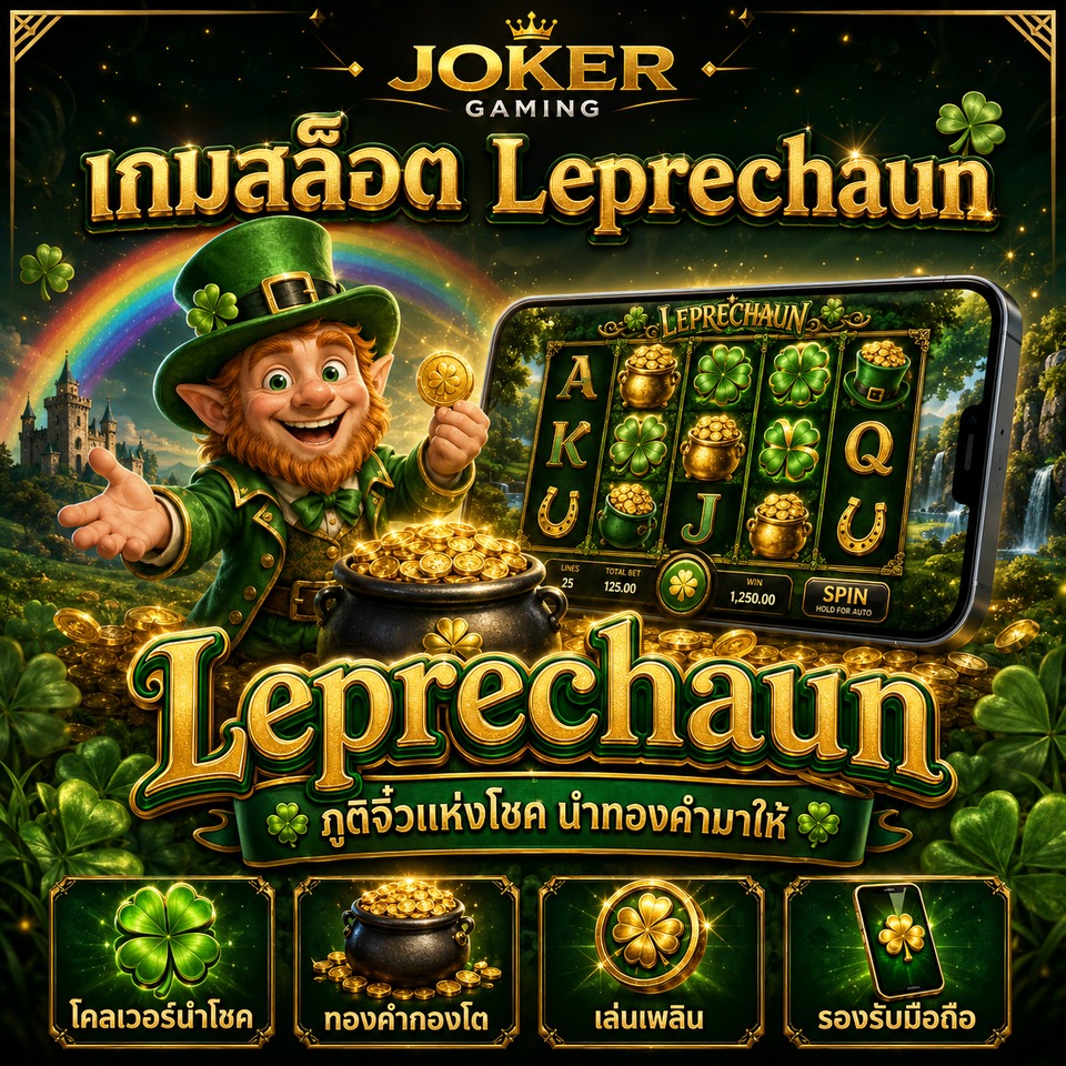 ภาพเกมสล็อต Leprechaun ธีมภูติจิ๋ว โคลเวอร์ สายรุ้ง หม้อทองคำ และรีลสล็อตสีเขียวทอง