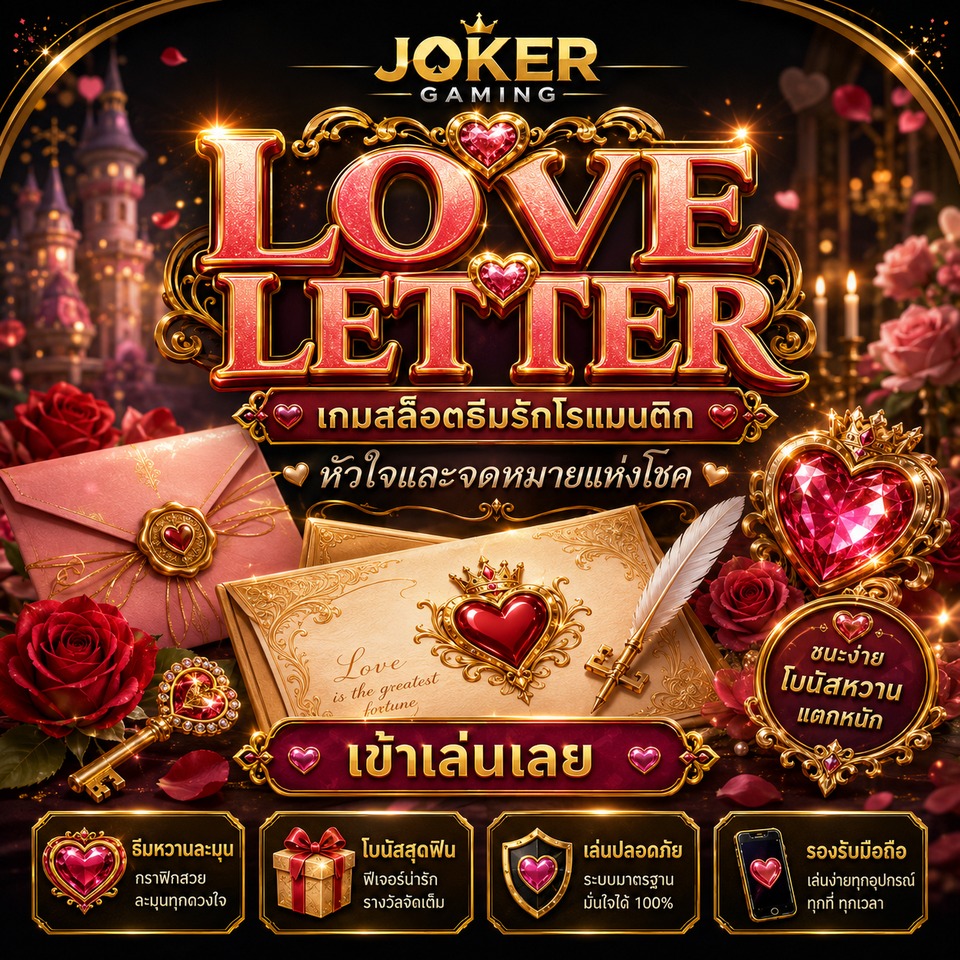 ภาพเกมสล็อต Love Letter ธีมจดหมายรัก หัวใจ ดอกกุหลาบ กุญแจ เทียน และอัญมณีโรแมนติก