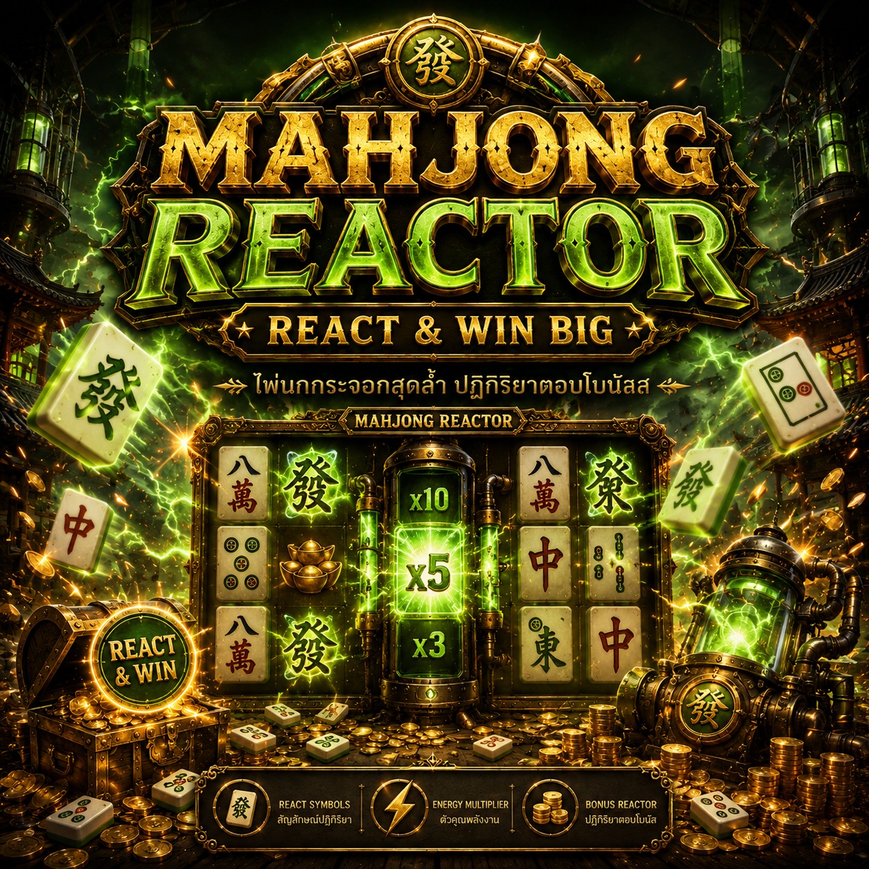 ภาพเกมสล็อต Mahjong Reactor ธีมไพ่นกกระจอกสมัยใหม่ แสงนีออน และสัญลักษณ์สล็อตแนวเทคโนโลยี