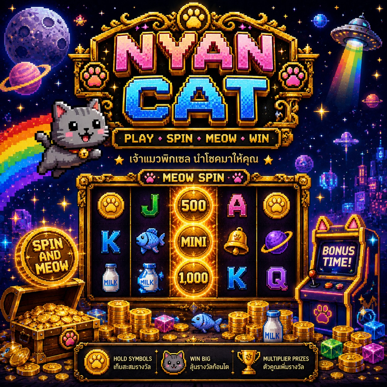 ภาพเกมสล็อต Nyan Cat ธีมแมวพิกเซล เรนโบว์ ดาว และสัญลักษณ์สล็อตแนวอาร์เคดสีสด