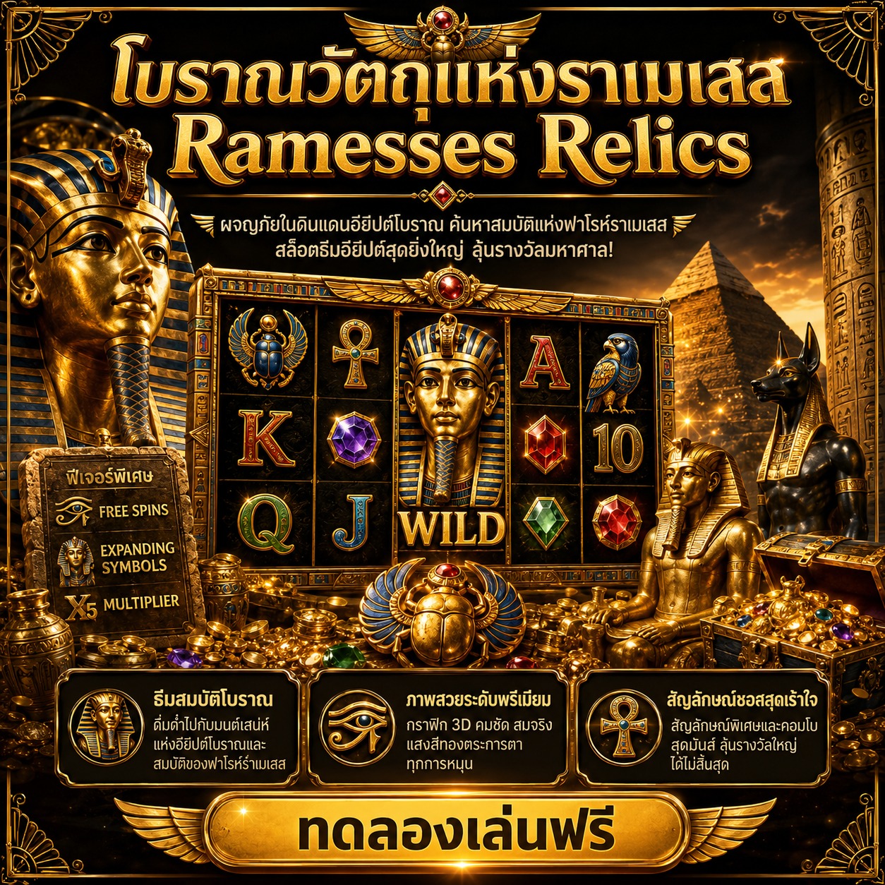 ภาพเกมสล็อต Ramesses Relics ธีมฟาโรห์อียิปต์ สมบัติโบราณ สีทอง และสัญลักษณ์รีลแบบมหาสมบัติ
