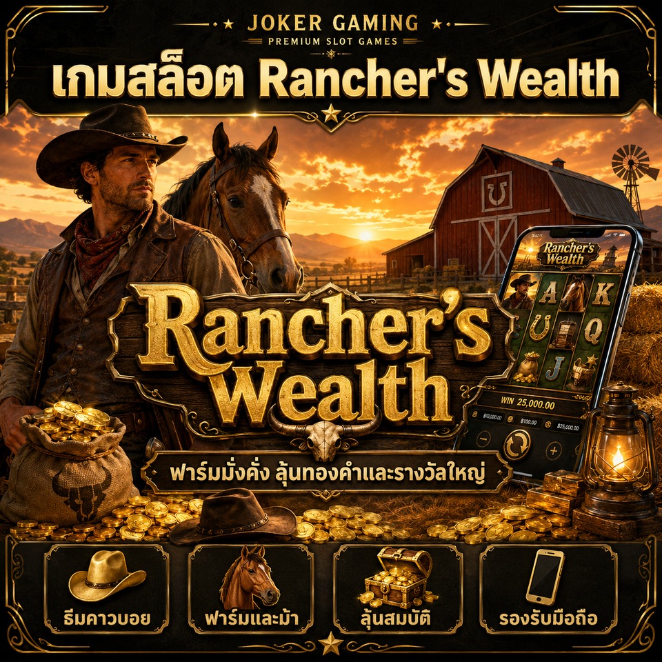ภาพเกมสล็อต Rancher’s Wealth ธีมฟาร์มคาวบอย ม้า โรงนา เหรียญทอง และรีลสล็อตตะวันตก