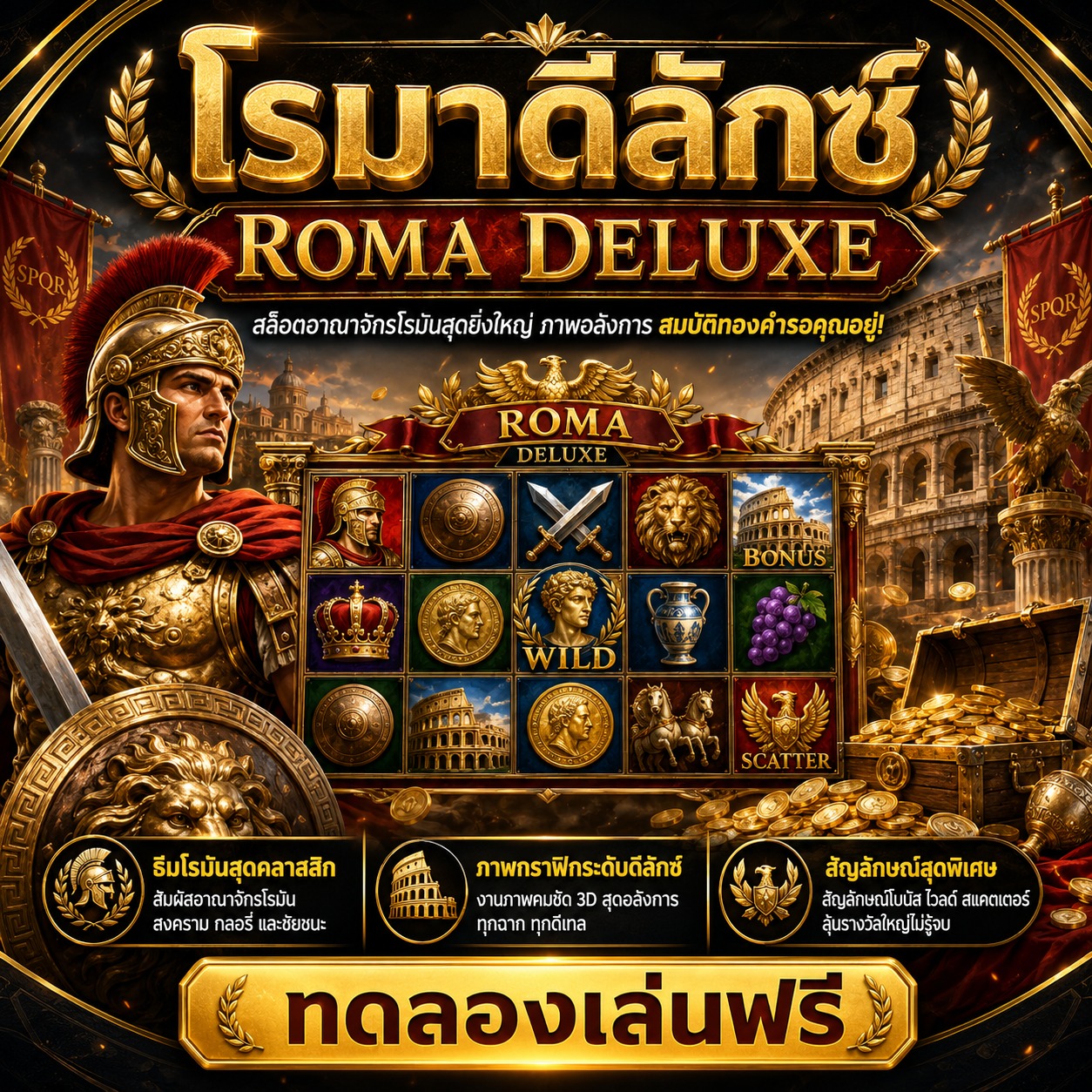 ภาพเกมสล็อต Roma Deluxe ธีมโรมัน นักรบ วิหาร มงกุฎลอเรล และเหรียญทอง