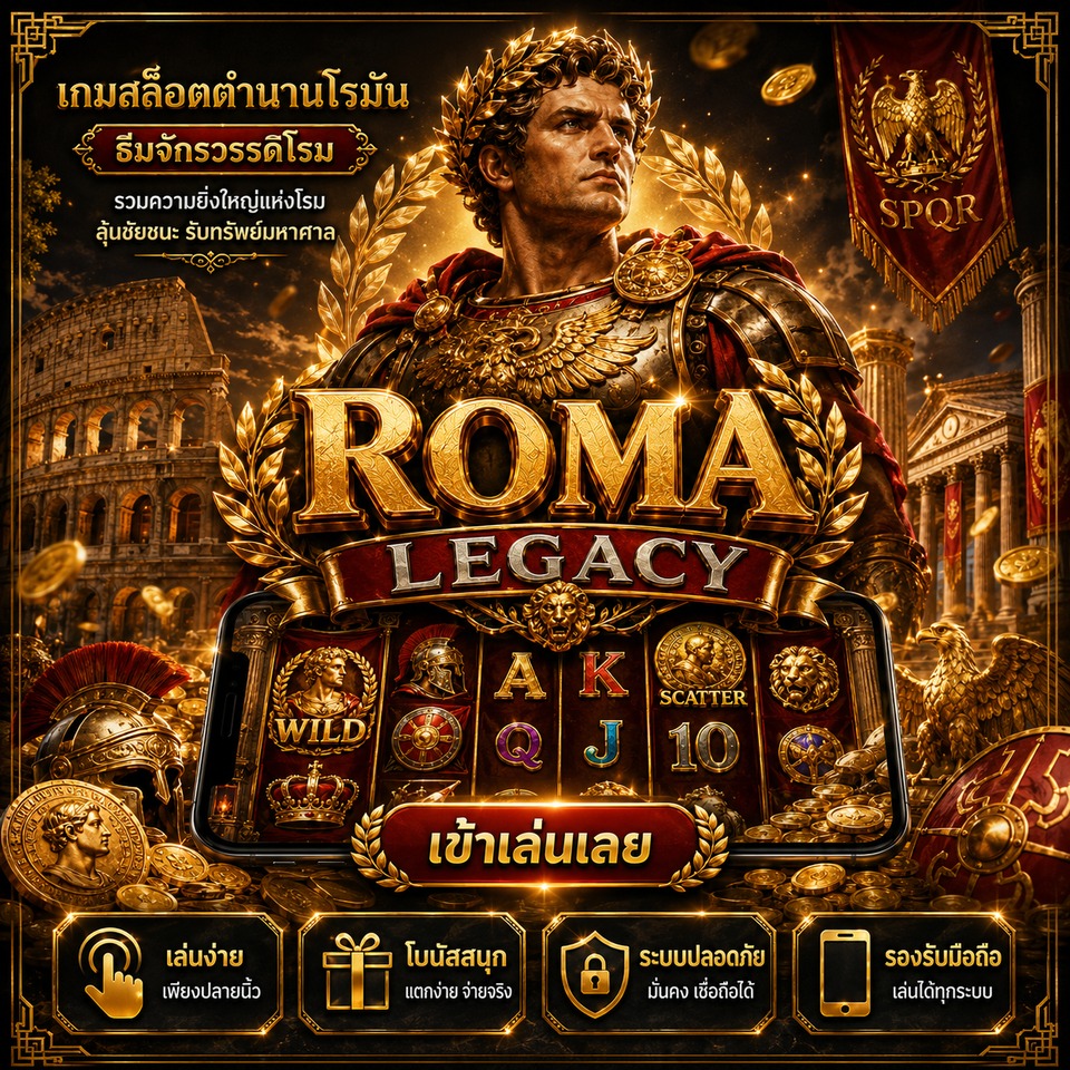 ภาพเกมสล็อต Roma Legacy ธีมจักรวรรดิโรมัน นักรบ เกราะทอง โคลอสเซียม เหรียญ และรีลสล็อตโบราณ