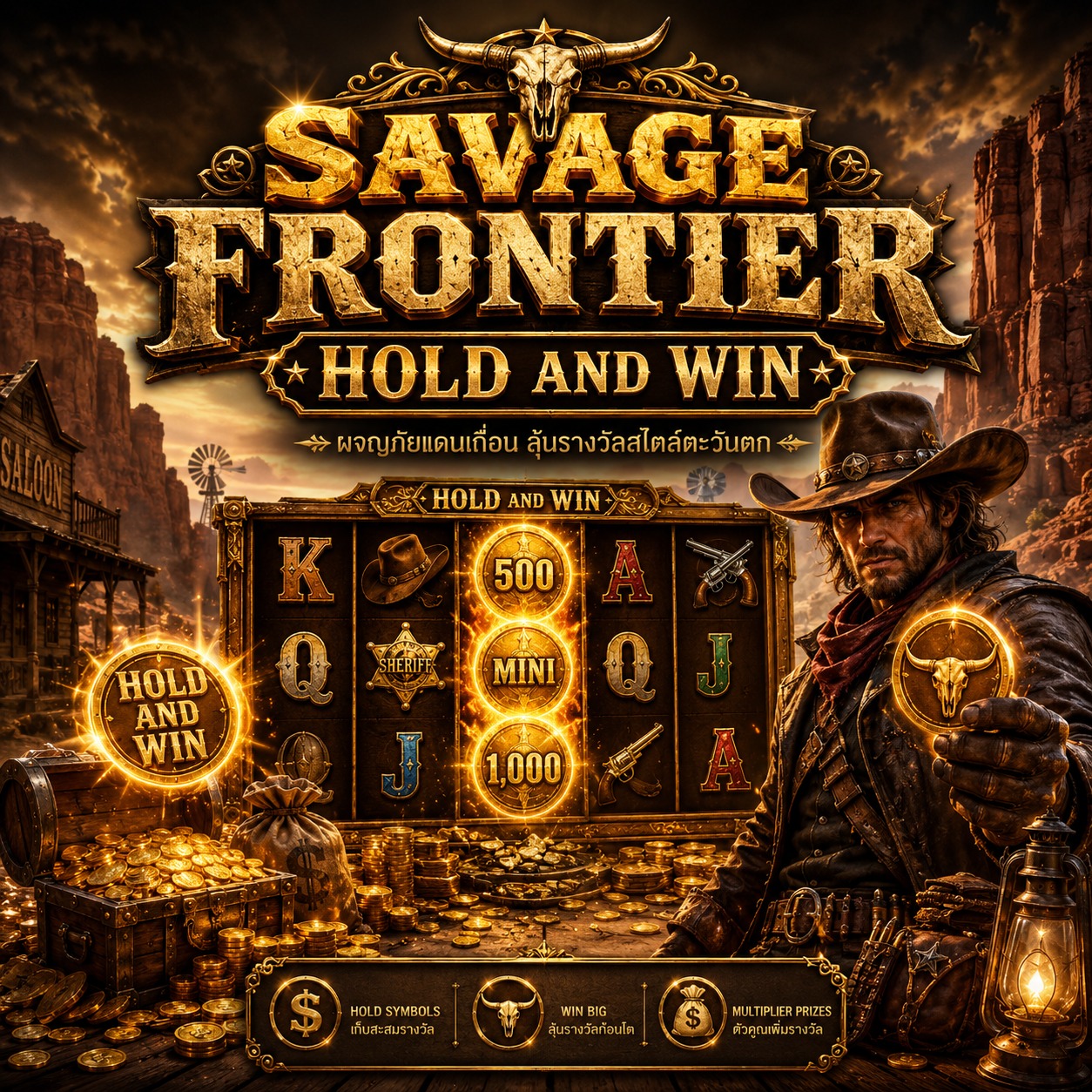 ภาพเกมสล็อต Savage Frontier Hold And Win ธีมดินแดนตะวันตก หีบทองคำ เหรียญทอง และสัญลักษณ์สล็อตแนวผจญภัย