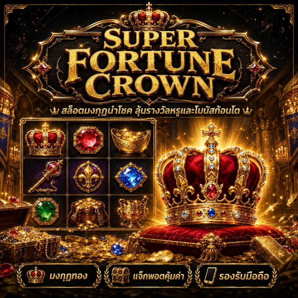 ภาพเกมสล็อต Super Fortune Crown ธีมมงกุฎทอง อัญมณี พระราชวัง สมบัติ และสัญลักษณ์สล็อตหรูหรา