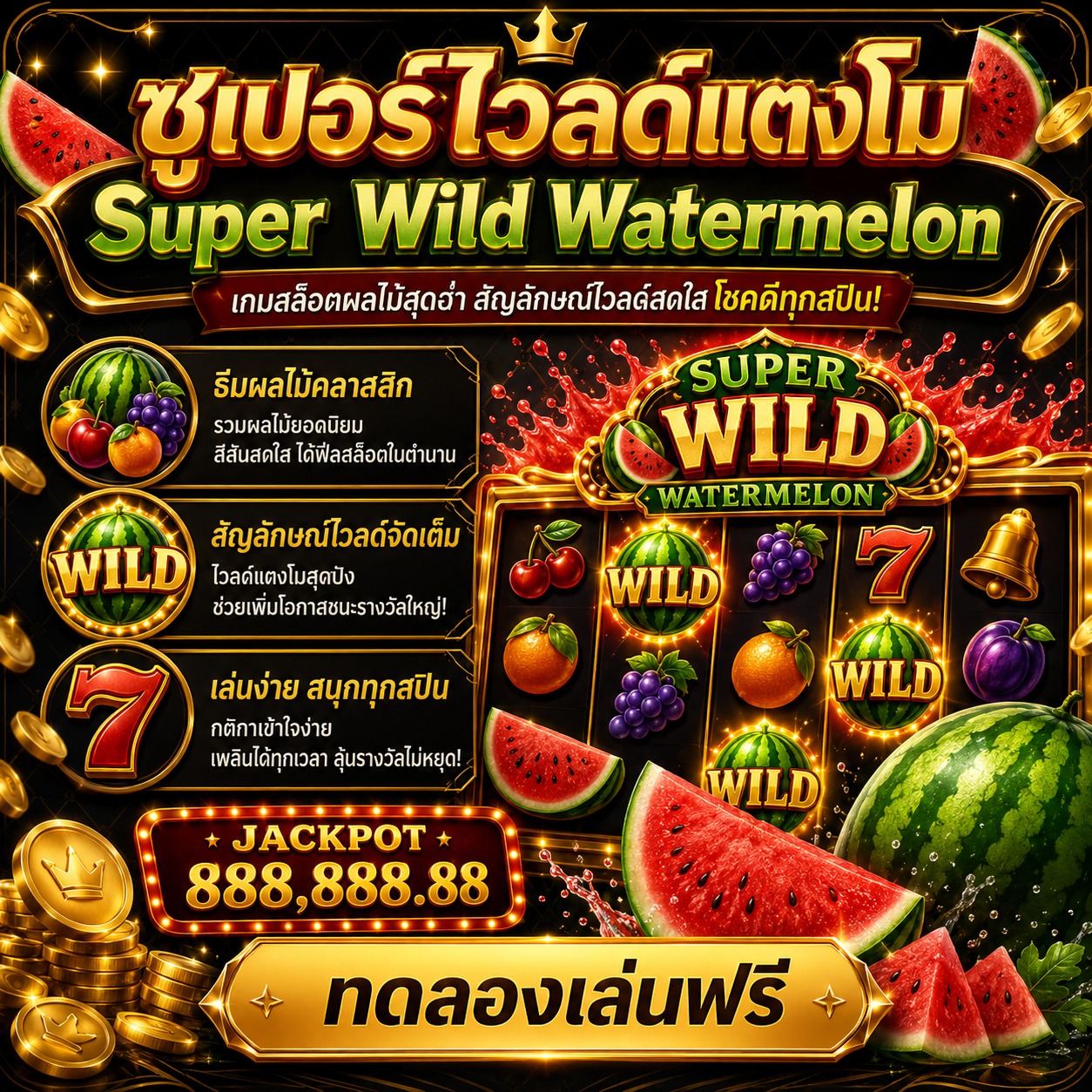 ภาพเกมสล็อต Super Wild Watermelon ธีมผลไม้ มีแตงโม สัญลักษณ์ Wild และงานภาพโทนสดชื่น