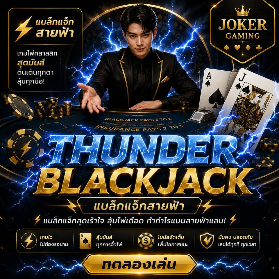 ภาพเกม Thunder Blackjack ธีมแบล็กแจ็กสายฟ้า โต๊ะไพ่คาสิโน ไพ่เอซและแจ็ก ชิปทอง และเอฟเฟกต์ไฟฟ้าสีน้ำเงิน