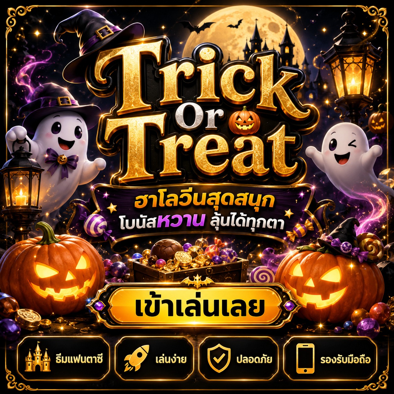 ภาพเกมสล็อต Trick Or Treat ธีมฮาโลวีน มีฟักทอง ผีน่ารัก ลูกกวาด หมวกแม่มด และแสงจันทร์