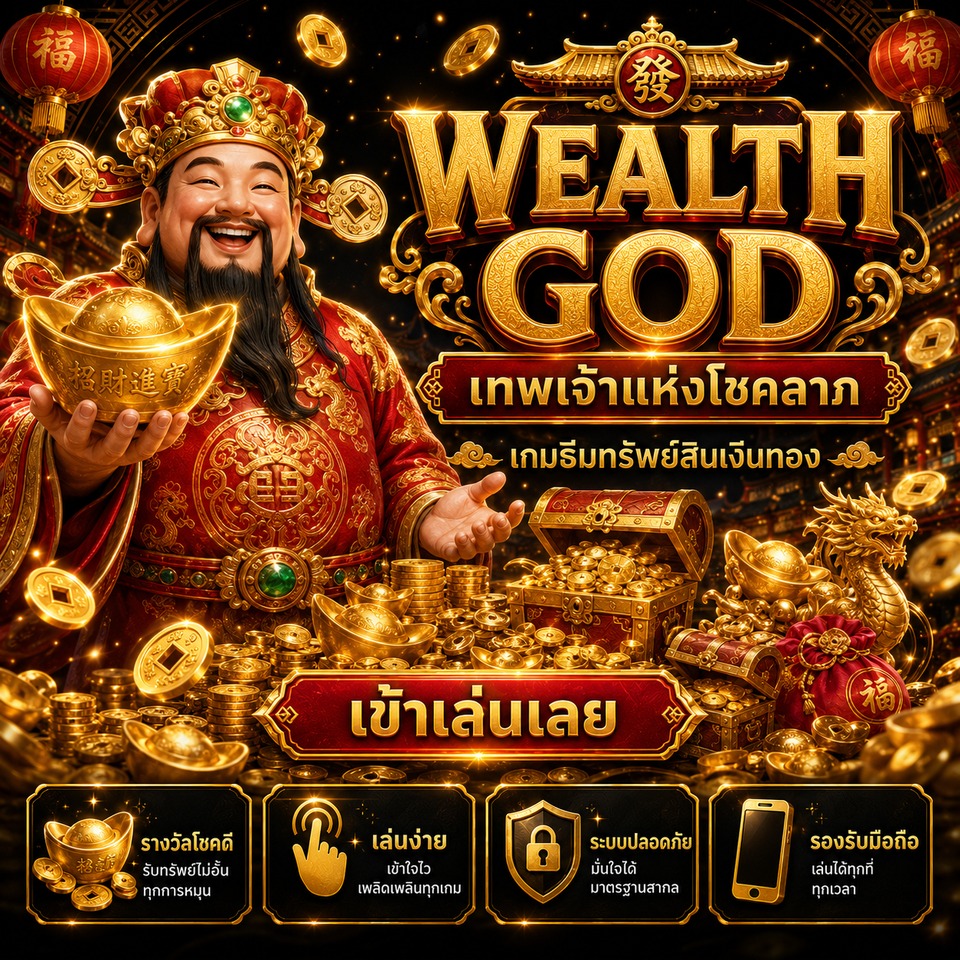 ภาพเกมสล็อต Wealth God ธีมเทพเจ้าแห่งโชคลาภ ถ้วยทอง เหรียญจีน มังกร และหีบสมบัติ