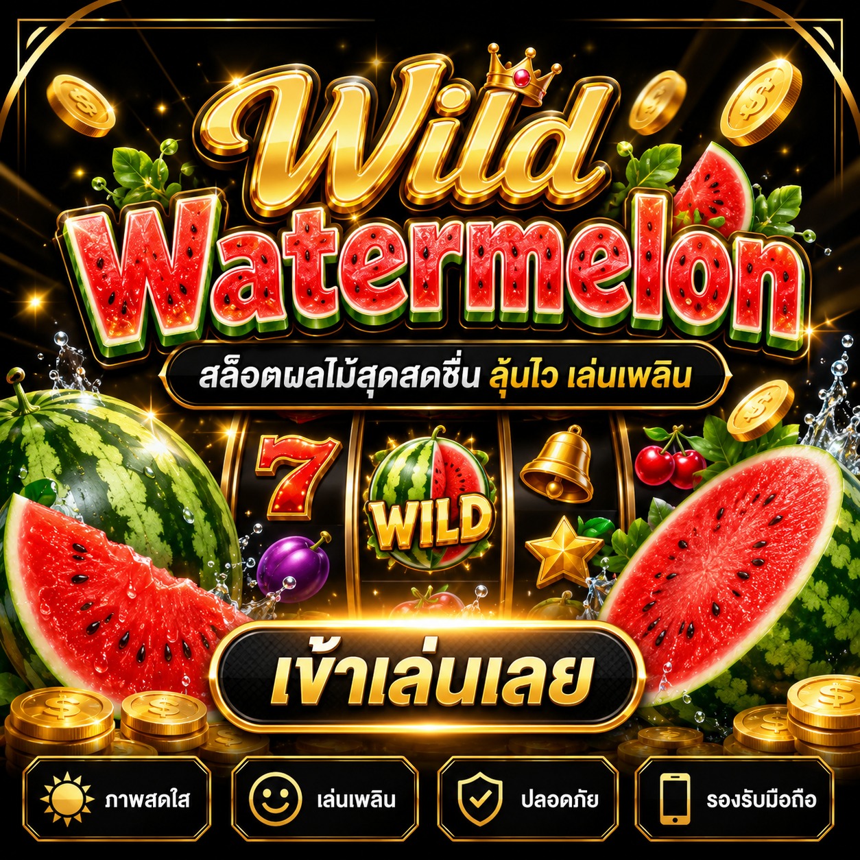 ภาพเกมสล็อต Wild Watermelon ธีมแตงโม ผลไม้สด สัญลักษณ์ Wild และรีลสล็อตสีสันสดใส