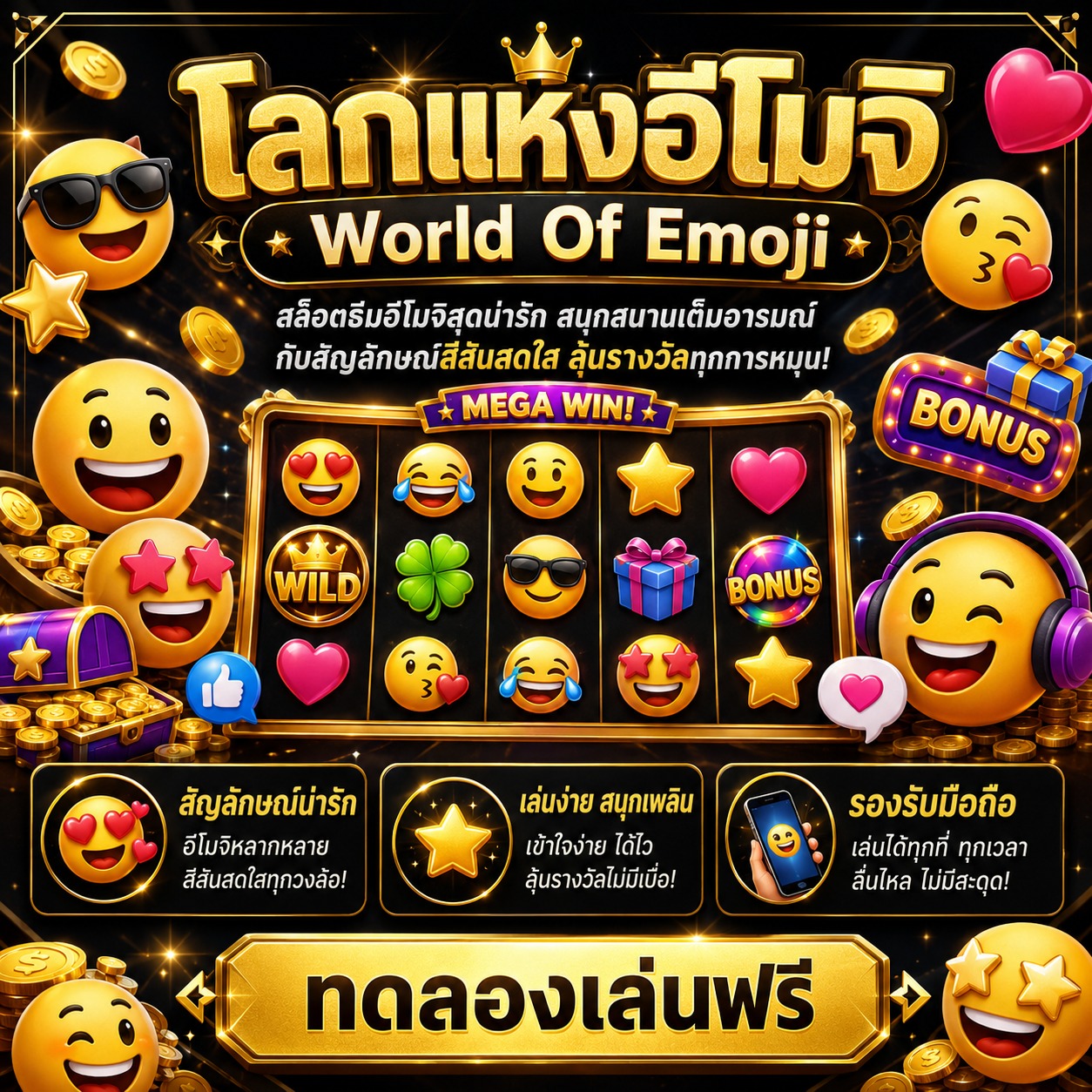 ภาพเกมสล็อต World Of Emoji ธีมอีโมจิสีสด หน้ายิ้ม ไอคอนอารมณ์ และสัญลักษณ์สล็อตสนุกสนาน